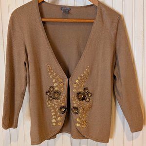 Ann Taylor silk/cotton/cashmere blend tan beaded & embroidered cardigan size M